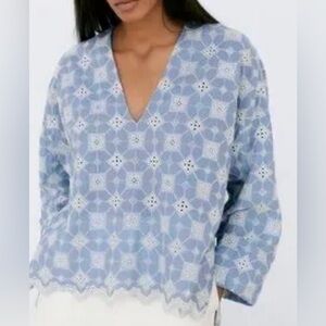 Zara Blue chambray and White dainty Lace Blouse embroidery